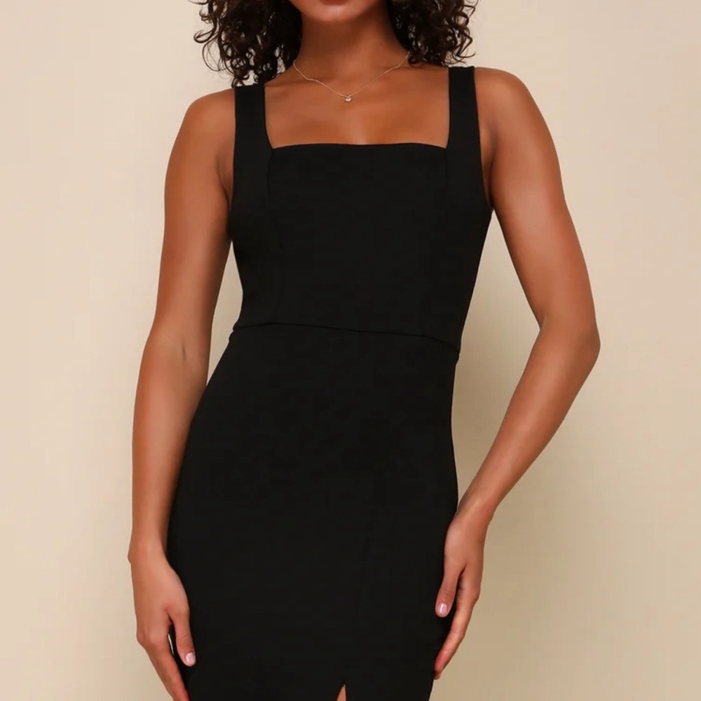 Lulu's Black Sheath Midi Dress Square Neck Sleeveless